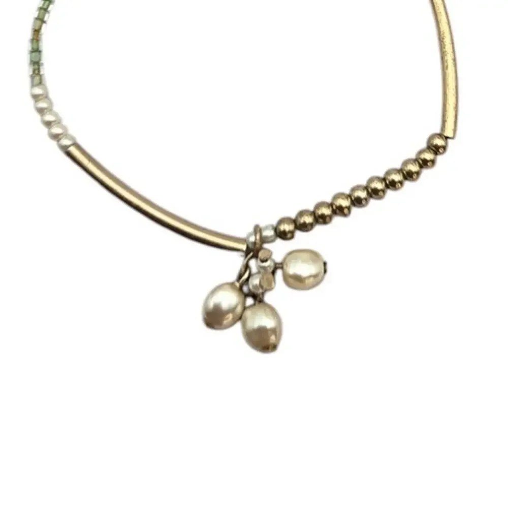 Pearl Charm Stretch Bracelet Sage Green Gold Tone Minimalist Feminine